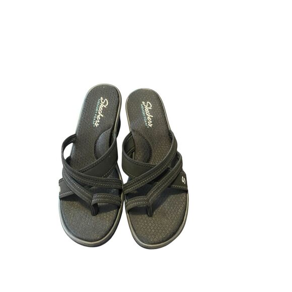 New Skechers Womens Black Memory Foam Slip On Rumblers Wedge Sandal Size 11 - Picture 1 of 8
